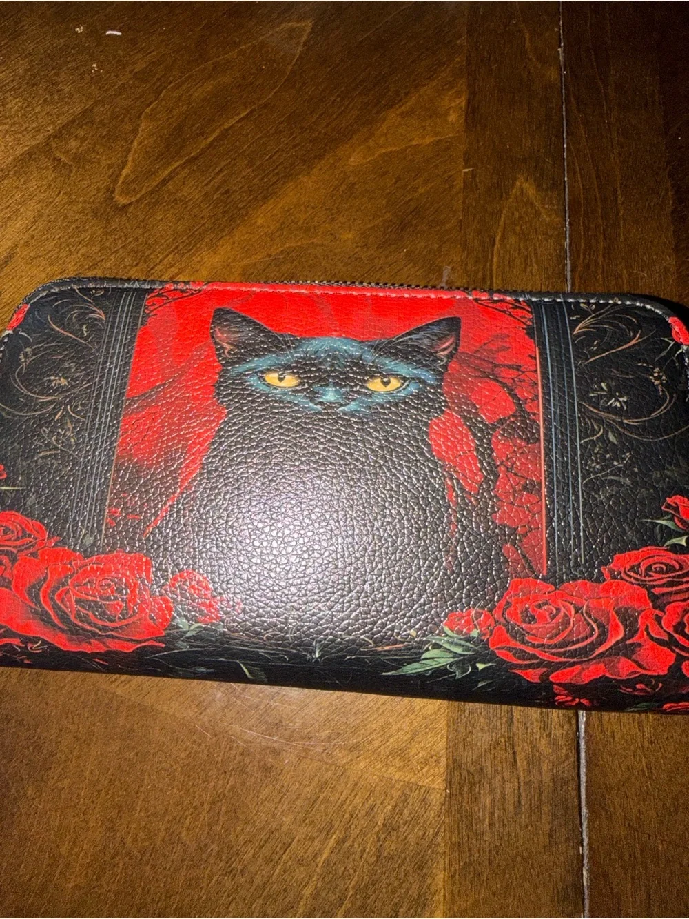 Black Cat & Red Roses Zip Wallet - Pets Cat Accessory
